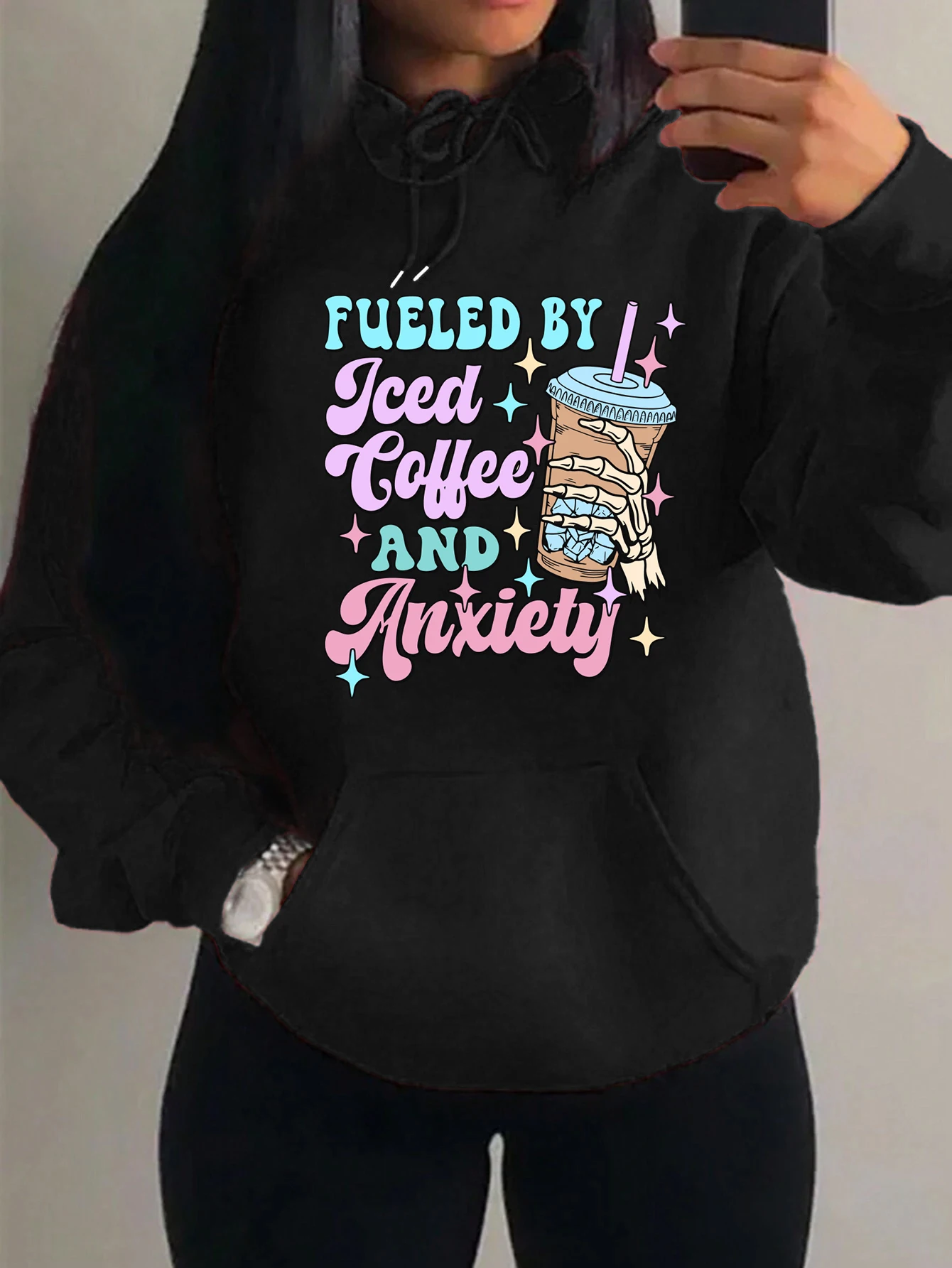 

Skeleton Hand And Coffee Colored Word Design Women Hoodies Fleece Loose Streetwear Funny Oversize Pullover Warm Unisex Hoody