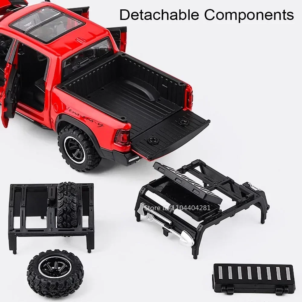 1:32 Mammut RAM Modello in miniatura in lega Diecast Pickup Giocattoli con luce sonora Tirare indietro Porte aperte Veicolo in metallo per ragazzo Giocattolo regalo