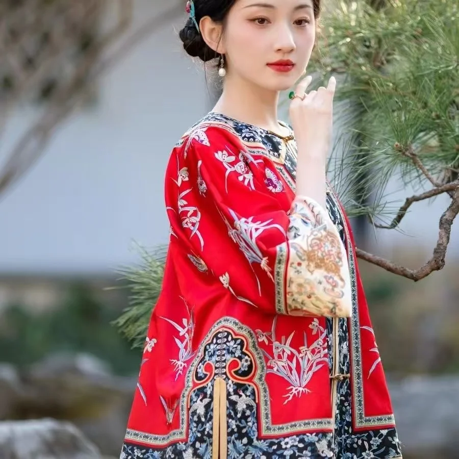 Traditional Qing Dynasty GEGE Hanfu Women's Floral Printing Top Shirt Niche Vintage Daughter Of Emperor Cosplay Costume Girls