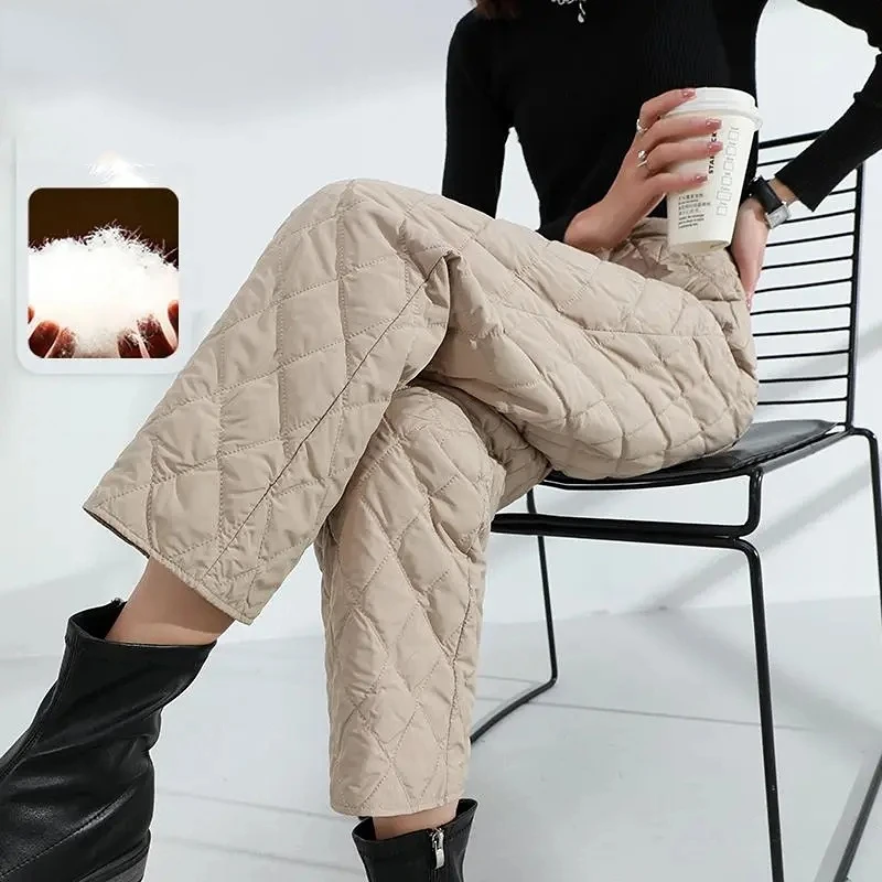 Fashion Elastic High Waist Straight Winter Pantalones Ankle Length Cotton Thick Bottoms Casual Loose Khaki Warm Pants Women 2022