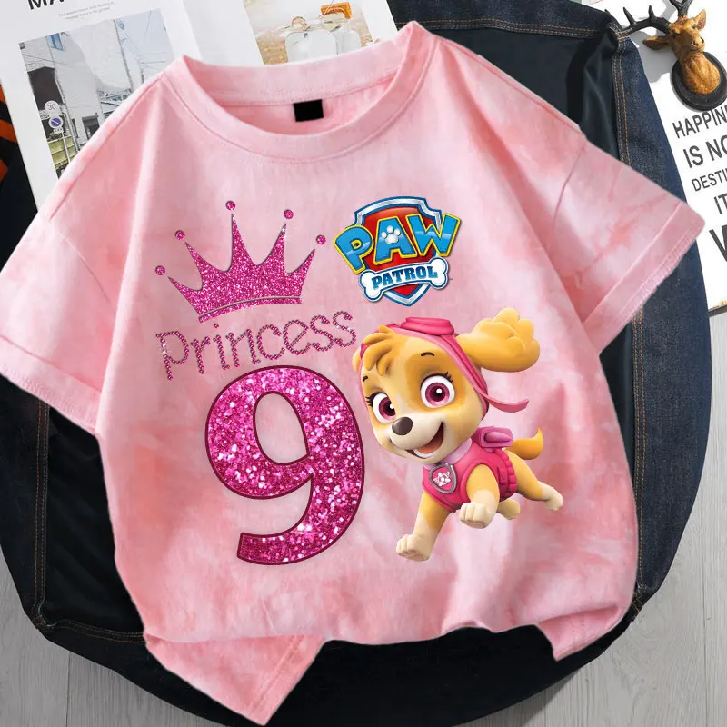 Camisetas Paw Patrol Tie-dye para niños, camisa de manga corta estampada con número de dibujos animados 1-10, Top de moda de verano para niñas, regalos de cumpleaños