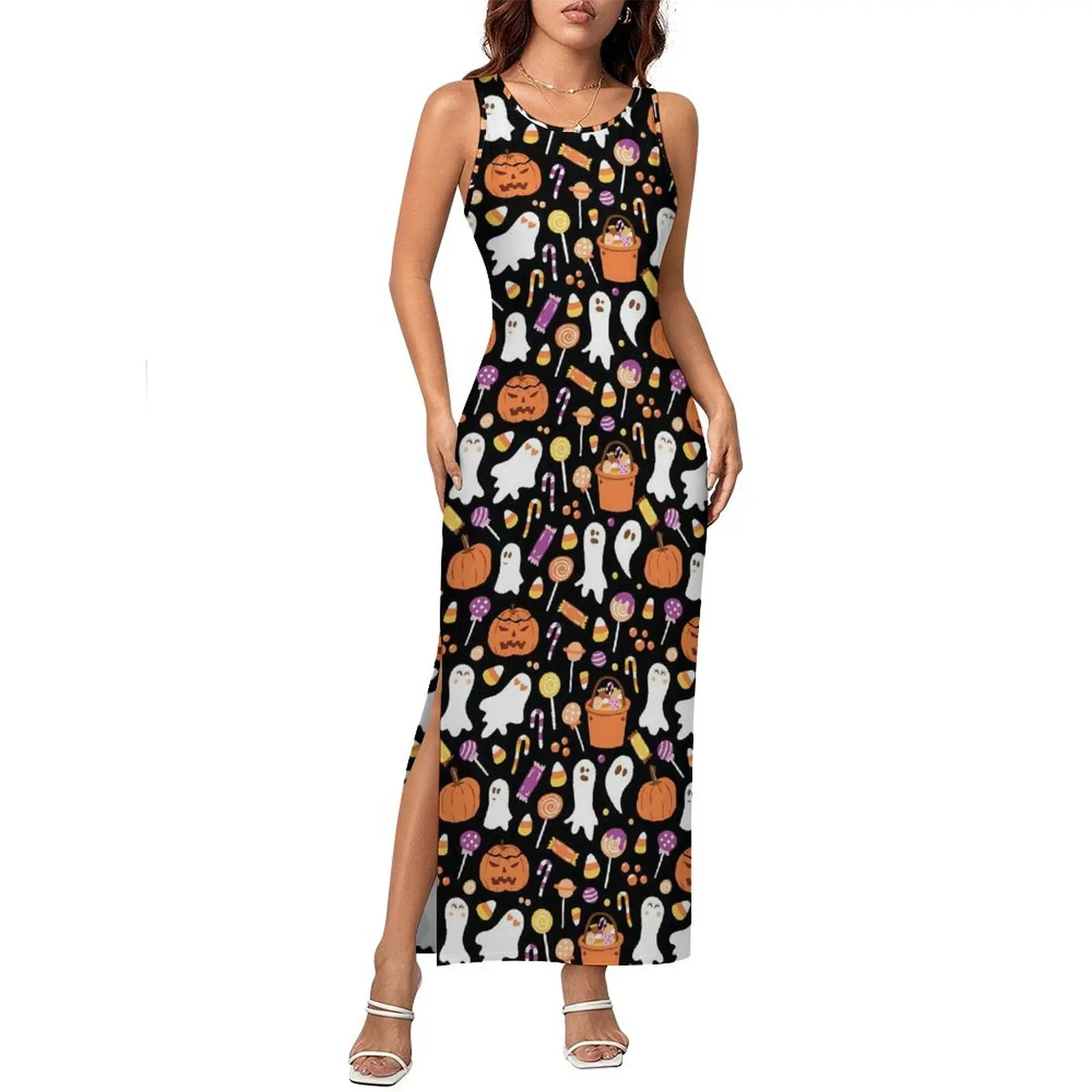 Ladies Bodycon Dress Trendy Halloween Print Maxi Dresses Spring Candy Ghost Sleeveless Casual Y2k Design Dress Big Size 3XL 4XL