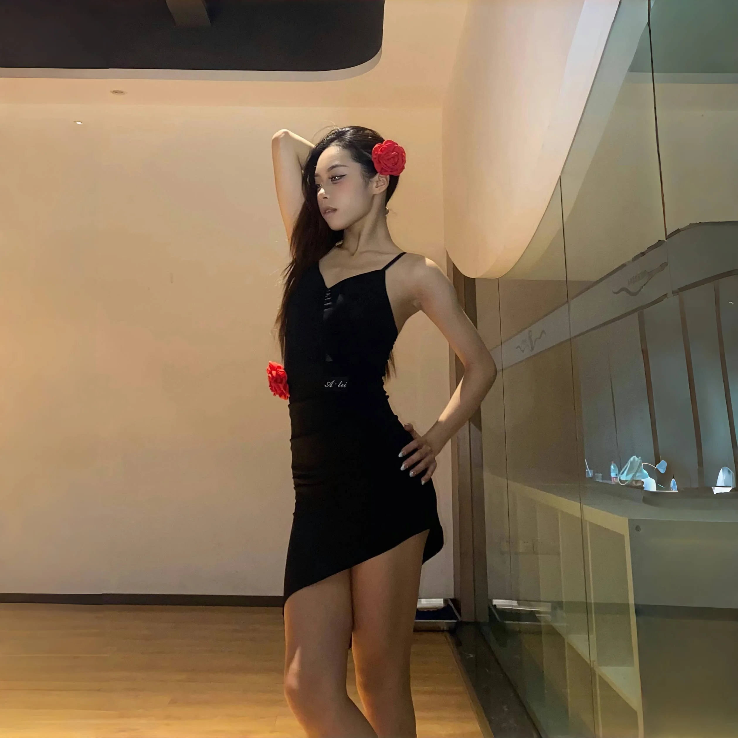 Women Strap V-neck Irregular Flower Dress Latin Dance Dress Performance Costumes Female Chacha Tango Latin Dance Clothes DN21056