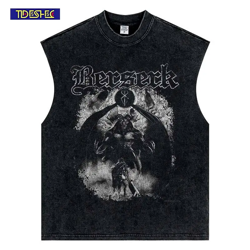 

Японский винтажный аниме хлопковый летний жилет с принтом комиксов, стираная майка в стиле Харадзюку, уличная одежда в стиле хип-хоп, нейтральные топы без рукавов