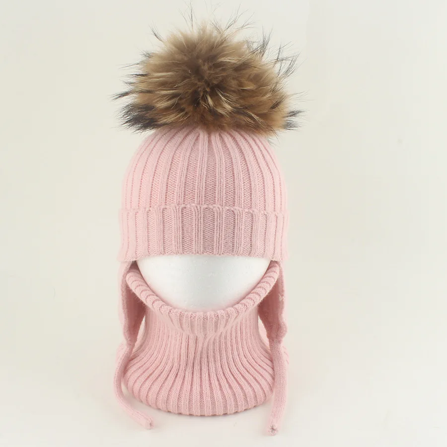 

Children Autumn Winter Fur Knitted Hat Hugger Toque Cap Stocking Head Watch Scarf Set Warm ear-protecting Baby 8M59
