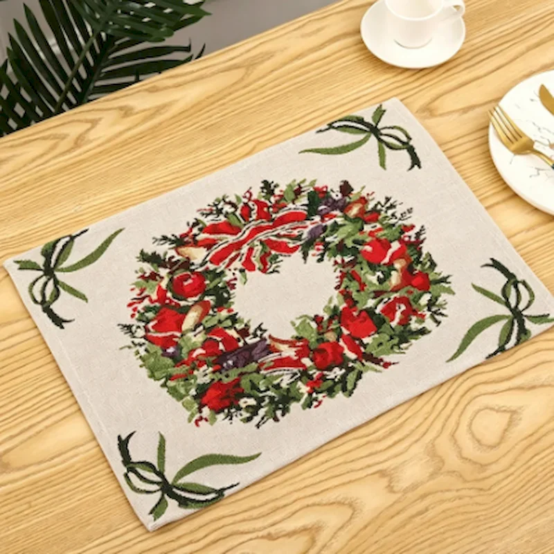 VIKAMA Christmas Wreath Linen Placemat, Heat-Resistant Dining Table Mat, Home Kitchen Table, Party Table Decoration