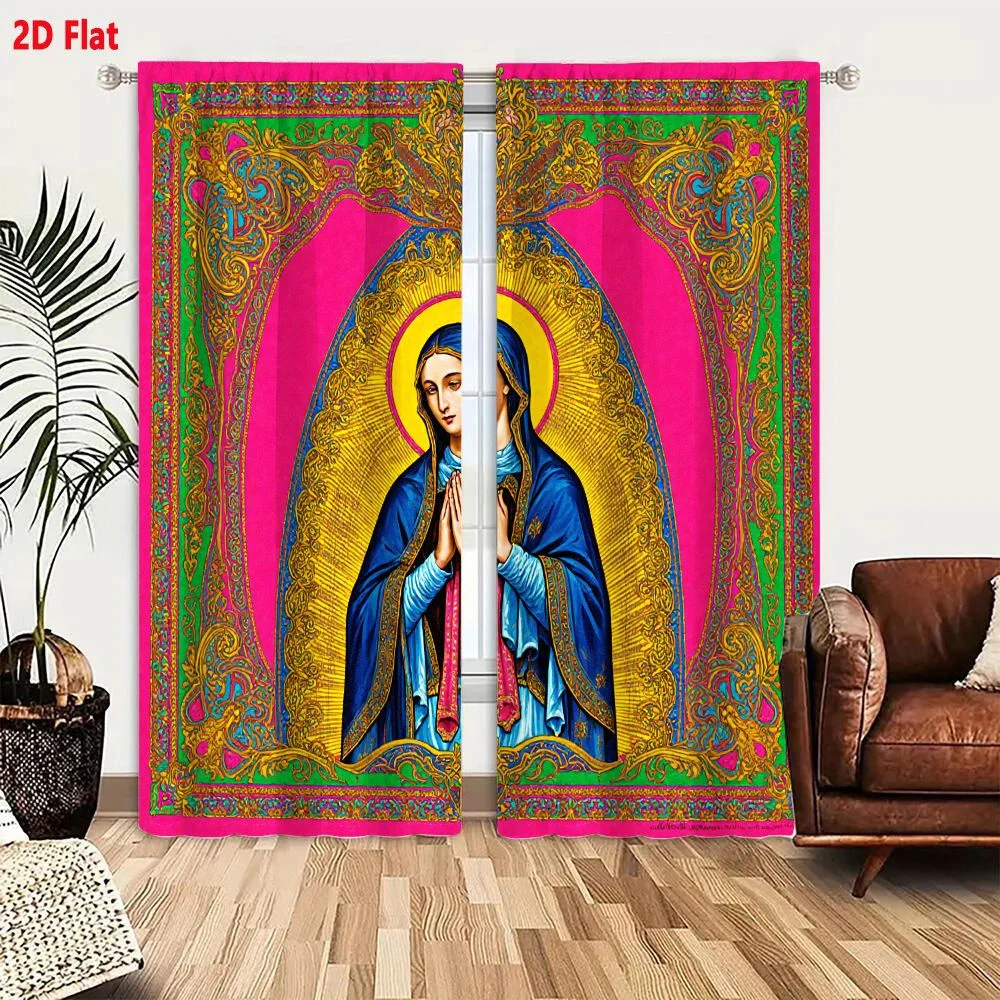 2Pcs Curtains 2D Flat Stylized Religious Figure Virgin Mary Ornate Iconography Style Bright Pink Background Golden Halo Blue Rob
