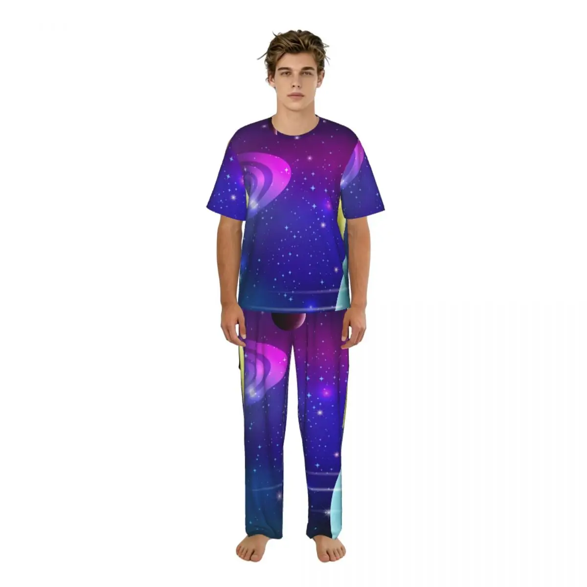 Men Pajamas Set Galaxy Background Short Sleeve Spring Summer Lounge Sleepwear Male Nightwear
