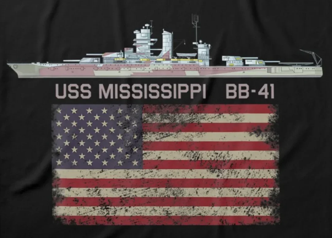 American Flag USS Mississippi BB-41 Battleship T-Shirt 100% Cotton O-Neck Summer Short Sleeve Casual Mens T-shirt Size S-3XL