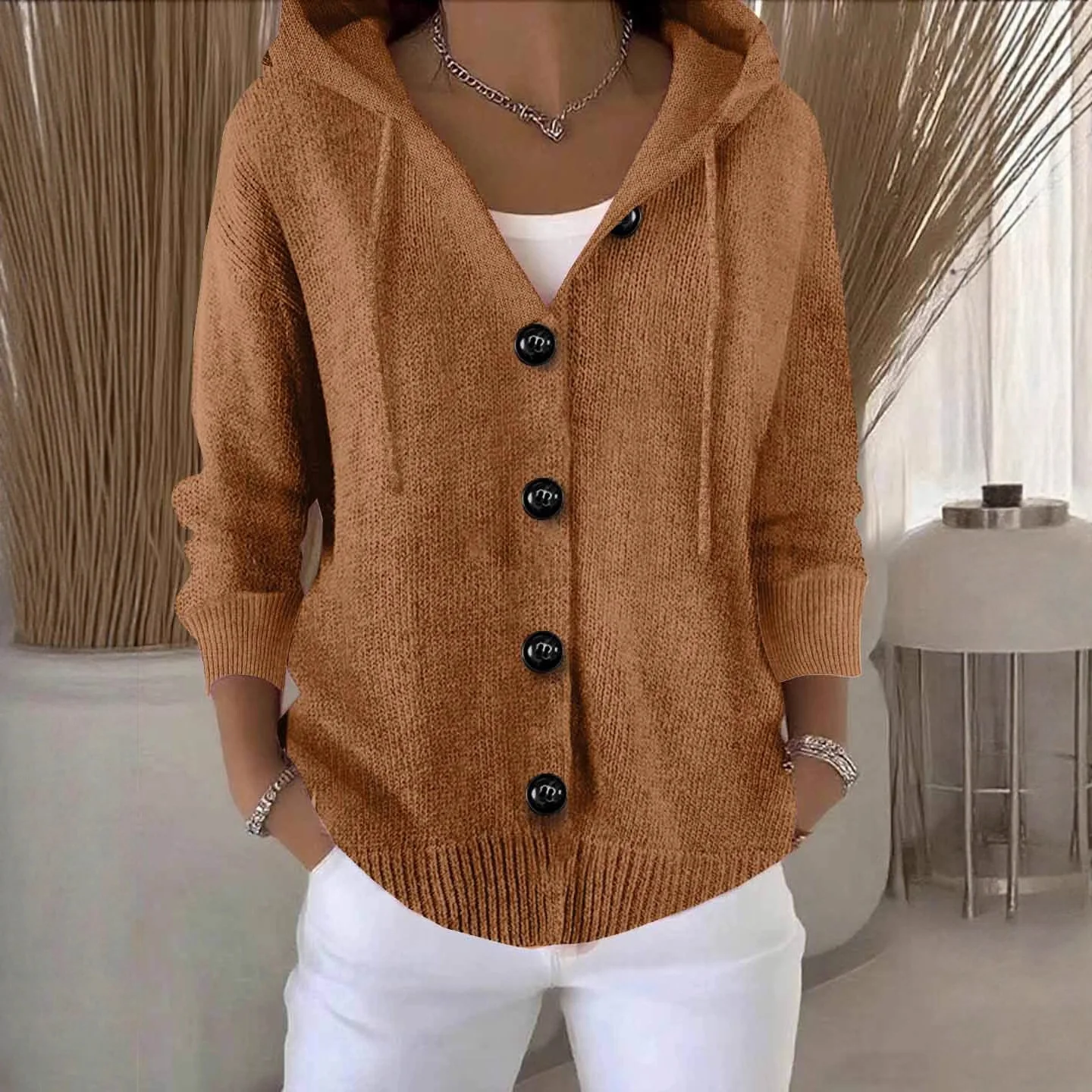 

Women's Hooded Sweatshirt Long Sleeve Knitted Tops Cardigan Drawstring Button Design Plush Pullovers Knitwear Tops Fashion Coat