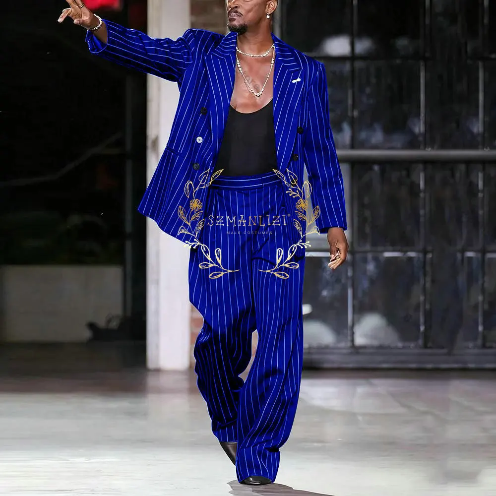 

Повседневный мужской костюм-двойка в полоску королевского синего цвета, приталенный, для свадьбы, жениха, вечеринки, пиджак и брюки, комплект Terno Masculino