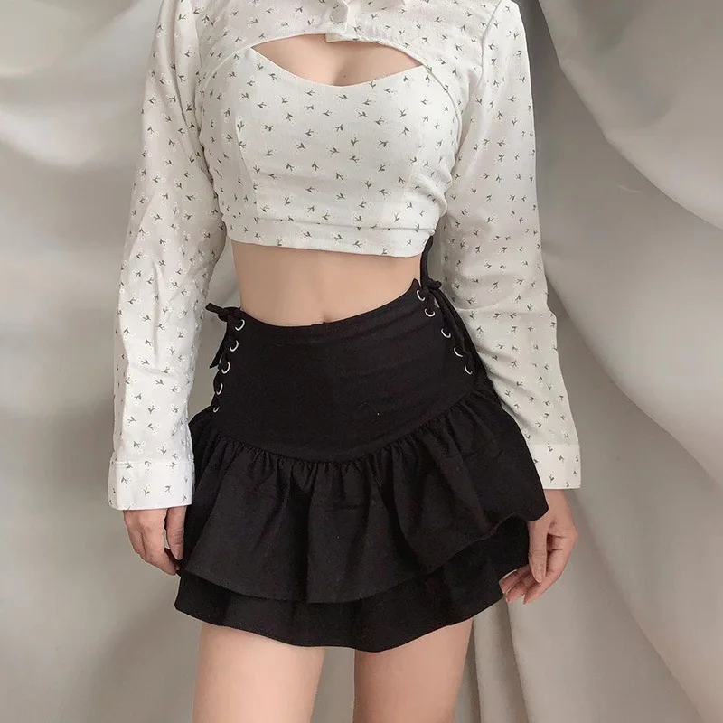 Gothic Street Sexy perban Ruffle rok berjenjang wanita pinggang tinggi Solid silang mengikat A-Line rok berlipat Mini Streetwear