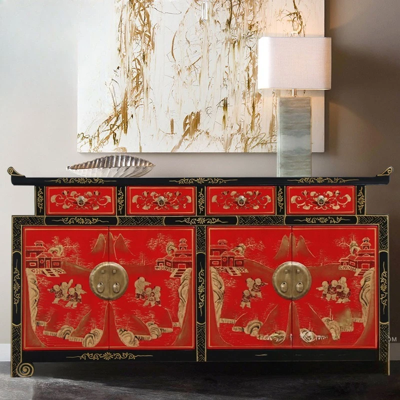 Modern new Chinese style antique solid wood lacquer, old retro hand-painted entrance hall shoe cabinet decoration furniture