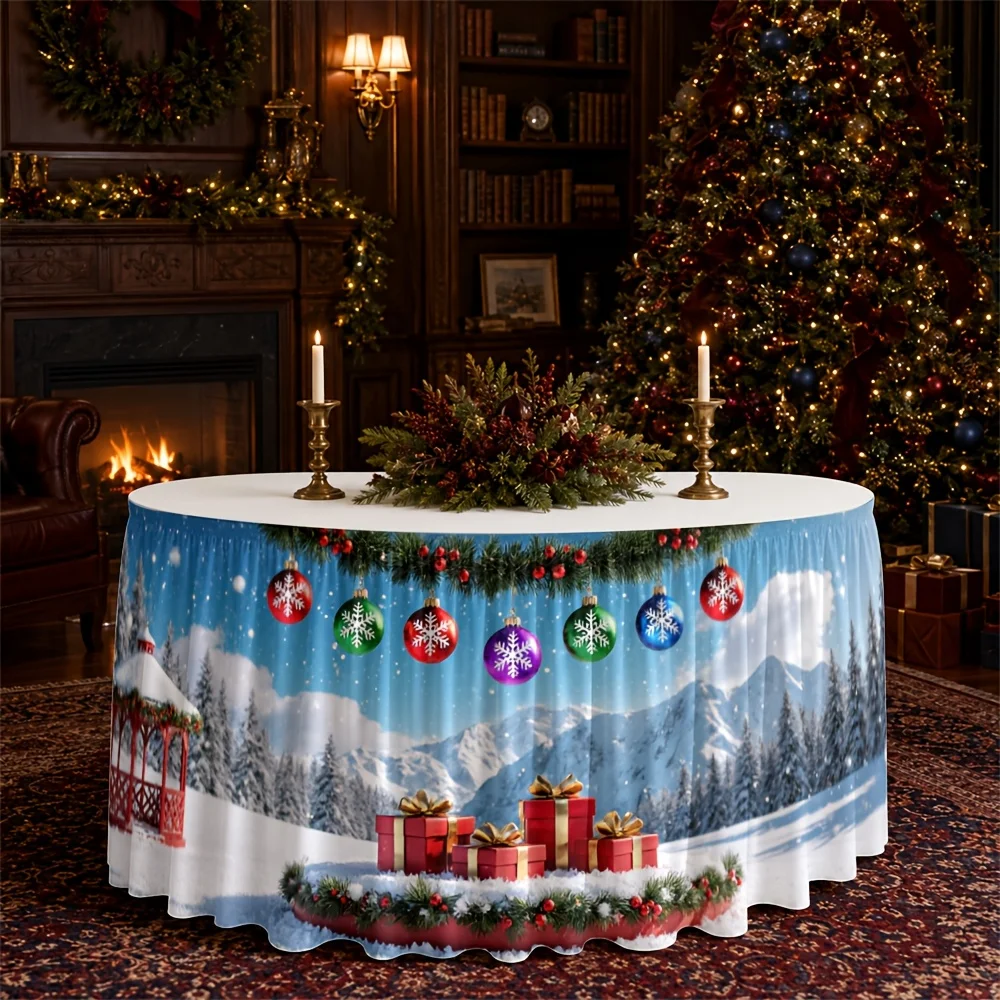 One-piece Christmas winter wonderland tablecloth with printed polyester festive snowy pine treezyc
