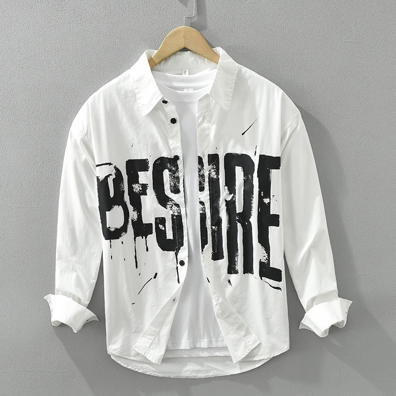 

Spring Sunner New Letter Printed 100% Cotton Long Sleeve Shirts for Men Clothing Casual Turn-down Collar Soft White Shirts