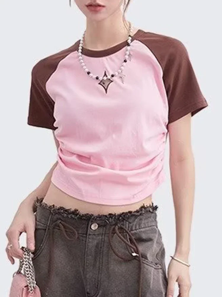 Summer Sweet Chicly Hollow Out Simple Women t-shirt Classic o-collo Fashion Contrast Color Slim Straight Street t-shirt femminili