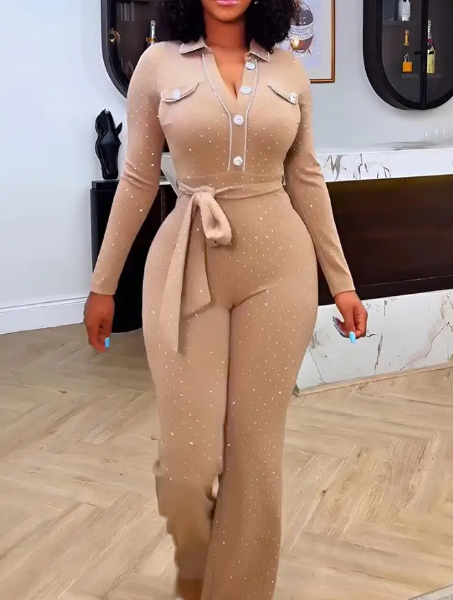 Rhinestone Decorative Lapel Wide Leg Jumpsuit Casual Zipper Front Placket Buckle Waist at the Back