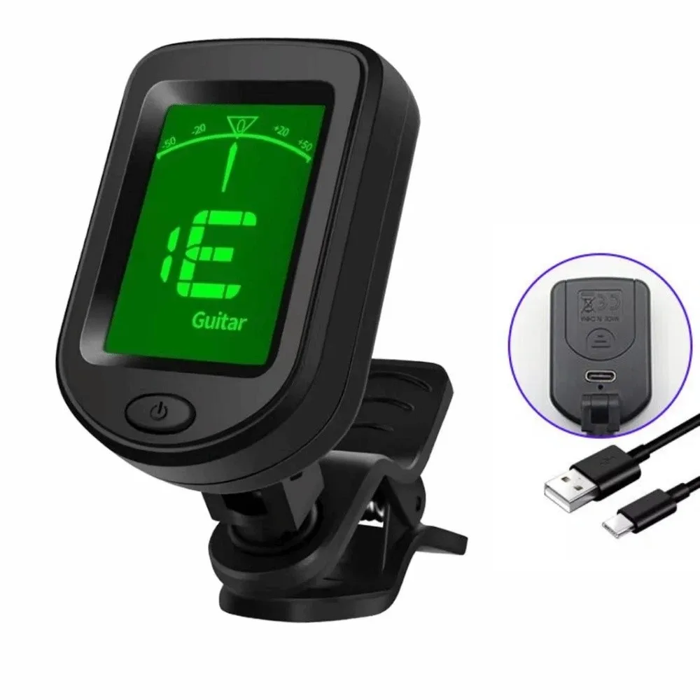 Clip on Mini Guitar Tuner Mini LCD Display String Instruments Tuner Rechargeable 360° Rotatable Clip-on Tuner for Guitar
