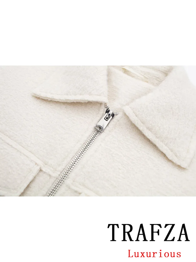 TRAFZA Vintage Casual Chic Solid Women Jackets Turn-down Collar Pockets Zipper Long Sleeve Coats New Fashion 2024 Spring Coats