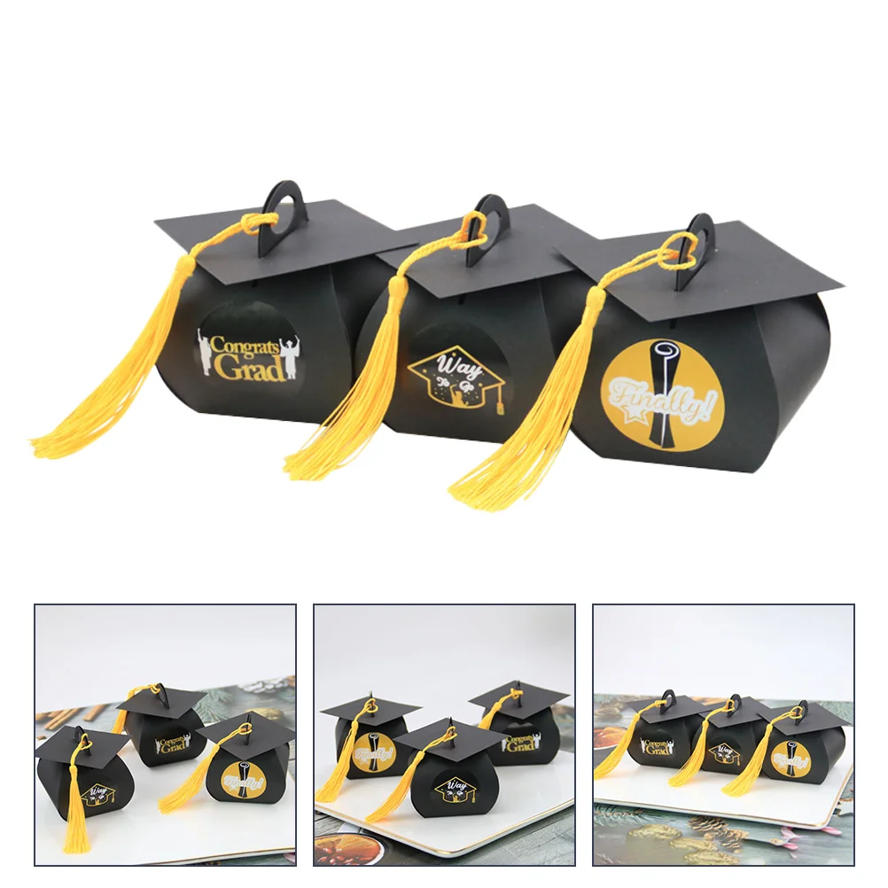 48 Pcs Graduation Cap Gift Boxes Sticker Decorated Chocolate Black Cases Exquisite Patterns Creative Designs For Classmates