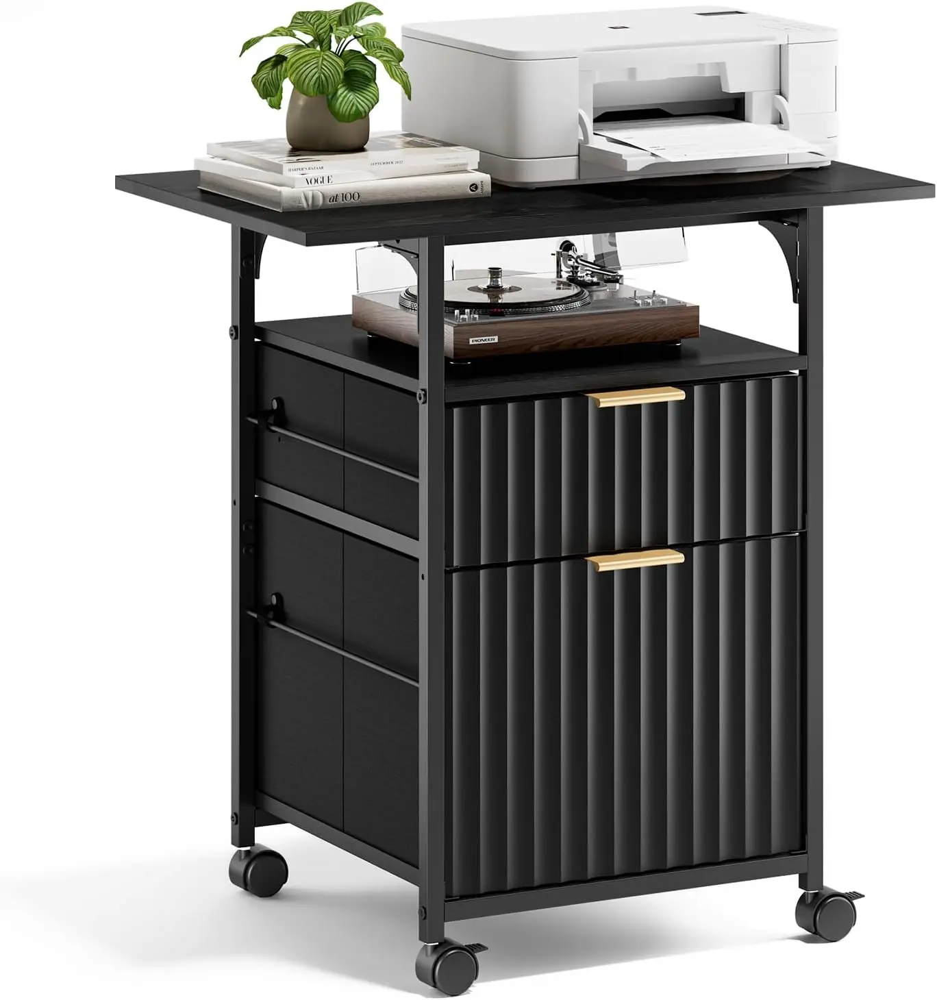 2 Drawer File Cabinet with 24'' Extended Desktop, Fluted Filing Cabinet Mobile Under Desk File Cabinet with Wheels, Fabric Drawers Printer Stand for Home Office, Fits Letter Size, Black