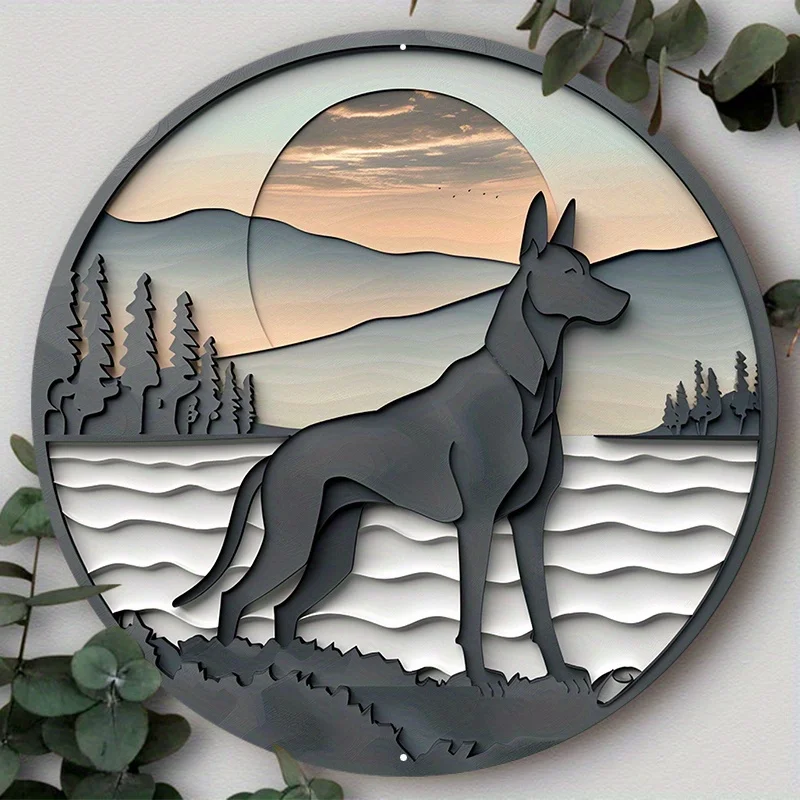 

Round Aluminum Metal Sign Featuring Cute Dog Silhouette, Artistic Plate for Bar, Club, Cafe, Home, Office Wall Decor