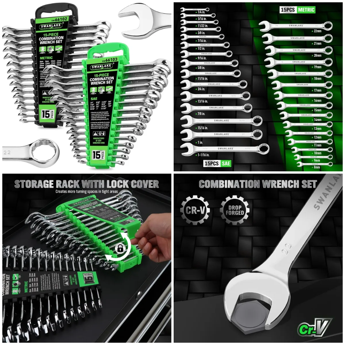 

30-Piece Combination Wrench Set, Metric & SAE, 12-Point Open End, Chrome Vanadium Steel with Storage Rack