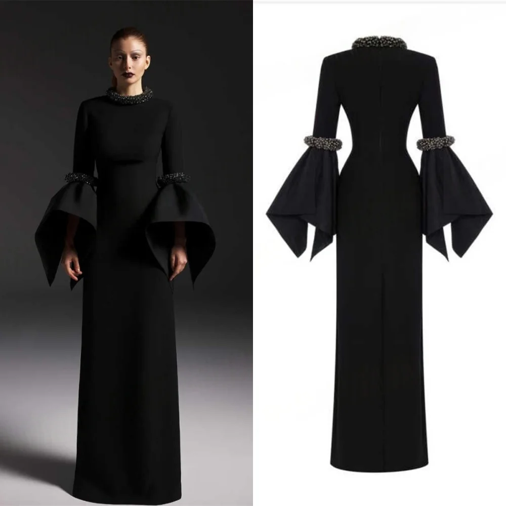 

Customized Temperament Black Jersey Evening Dress Elegant Graceful Crew Neck Long Sleeves Celebrity Gowns Exquisite Party Dress