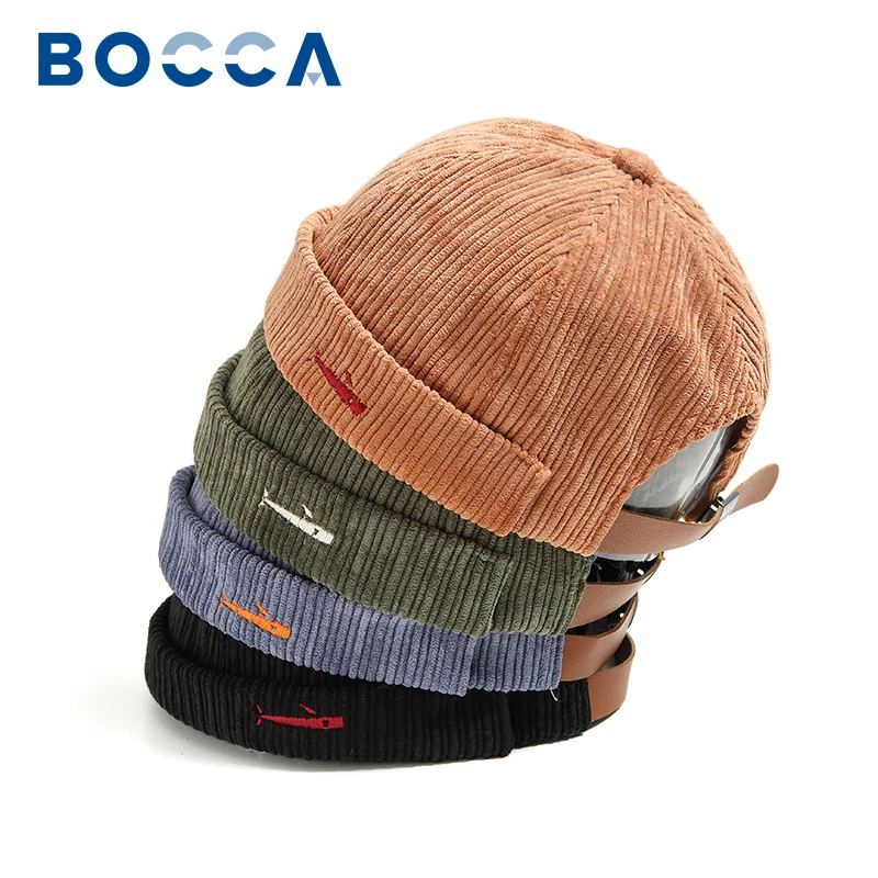 Bocca Brimless Docker Hat Embroidery Fish Corduroy Dome Hats Adjustable Streetwear Solid Color Retro Warm Winter Spring Autumn