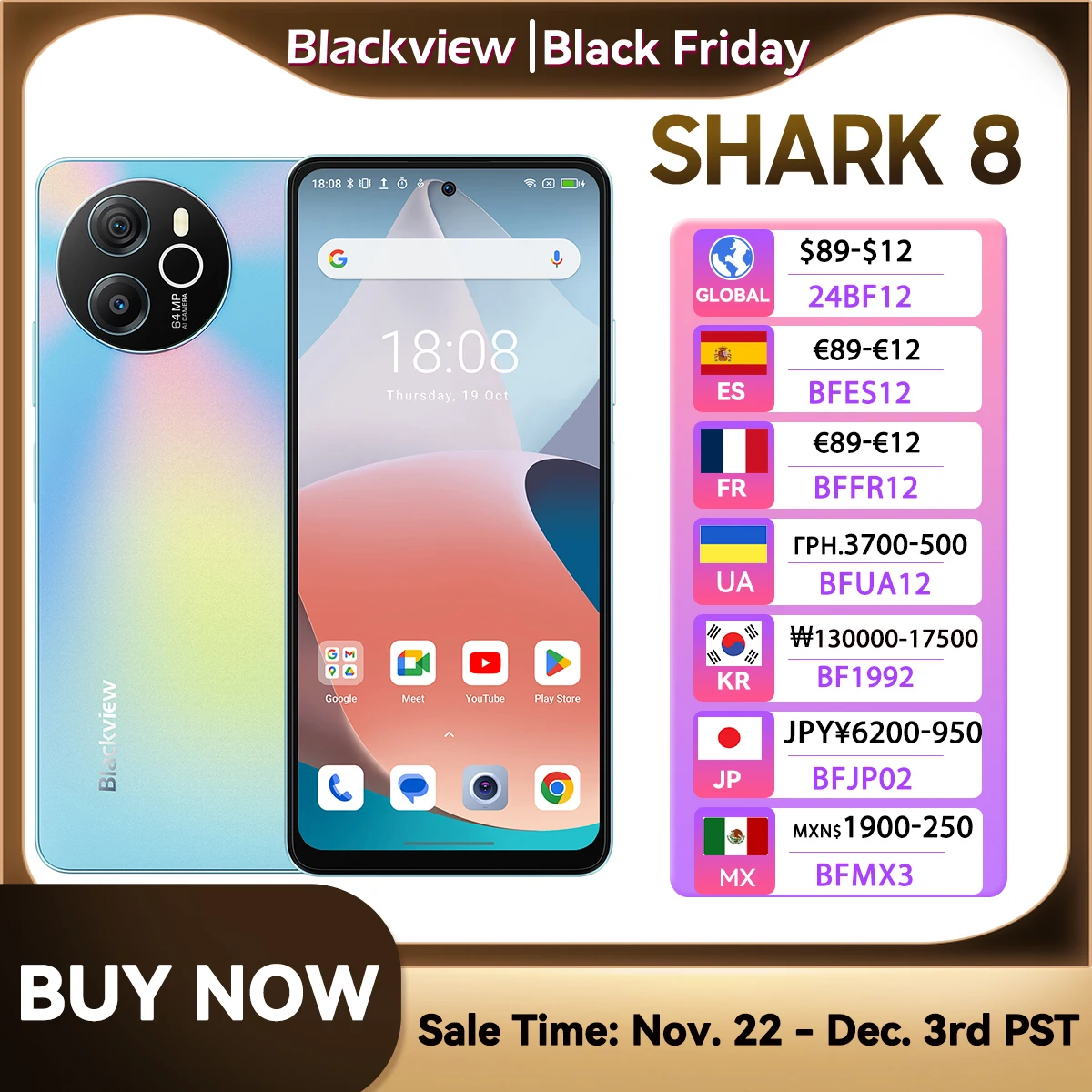 Blackview SHARK 8 Smartphone Android13 G99 Mobile Phone 6.78'' 120Hz 2.4K Display 16GB RAM 128GB/256GB ROM 64MP Cameras Phones