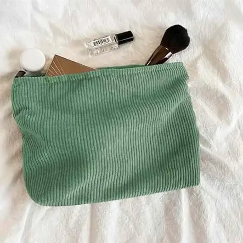 LW021 Vintage Corduroy Makeup Bag Cosmetic Pouch, Make Up Travel Purse Organizer,Cute Green