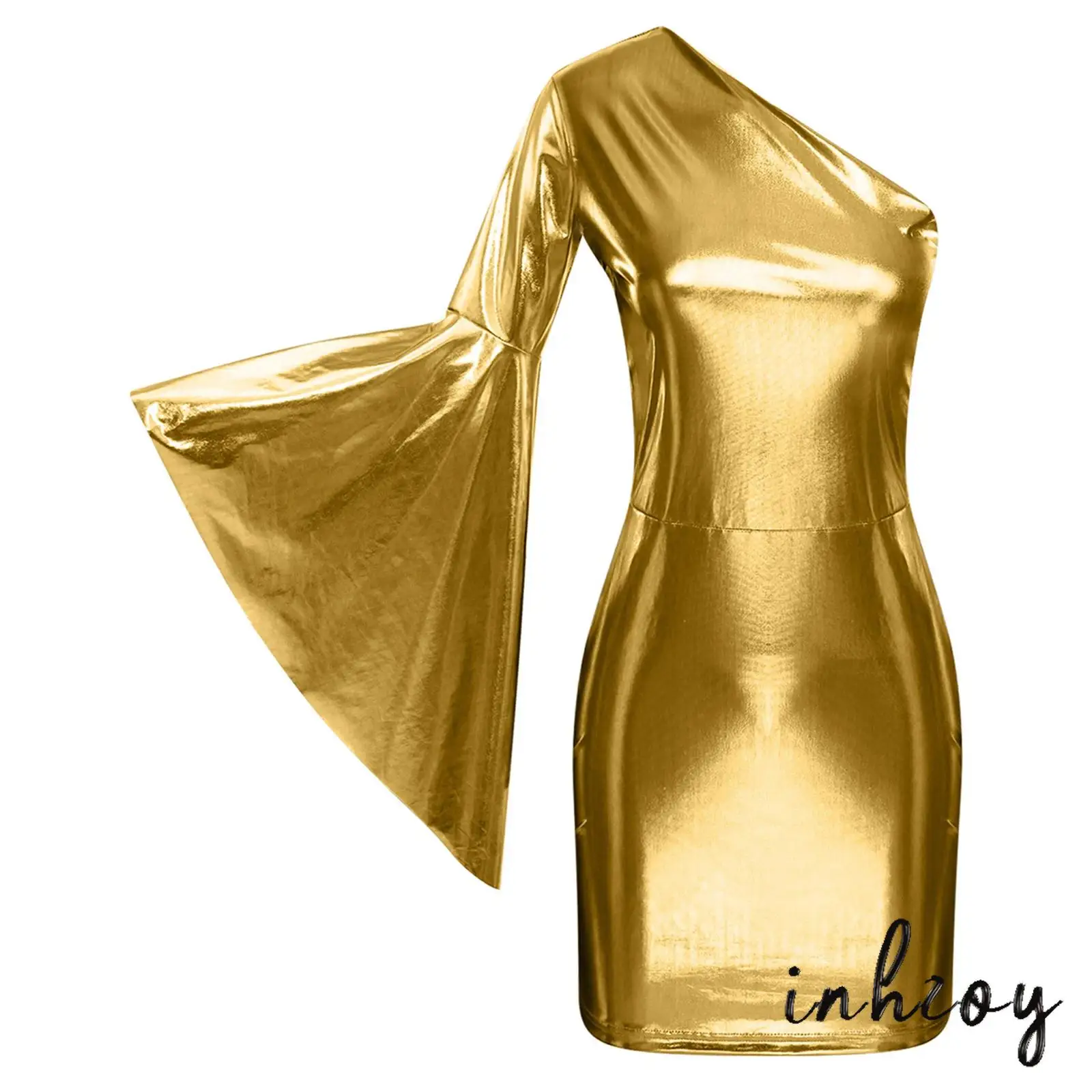 

Women Metallic 70s Disco Dress One Shoulder One Long Sleeve with Flared Cuff Bodycon Dress for Jazz Rave Party Stage Performance