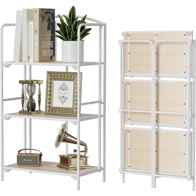 

No Assembly Folding Bookshelf for Living Room, 3 Tier White Collapsible Book Shelf for Home Office, Portable Bookcase Storage