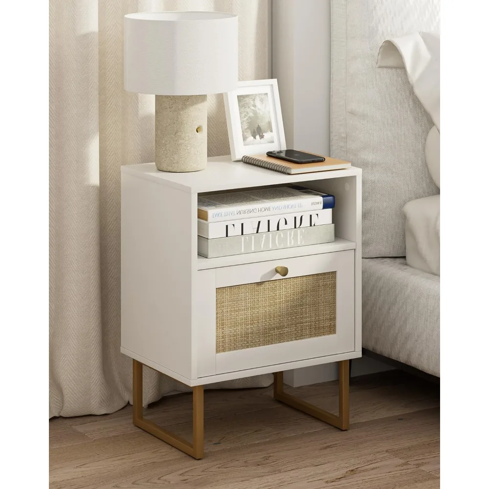 

Rattan Nightstand,Modern Boho Farmhouse Wood Bedside Table with Storage Drawer and Open Shelf,Small Gold Frame Side End Table