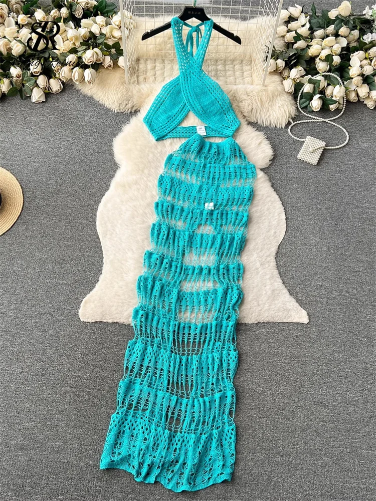 

SINGREINY открытые женские пляжные костюмы модные майки с лямкой на шее + длинная юбка с разрезом комплект женские отпускные стили корейские сексуальные комплекты