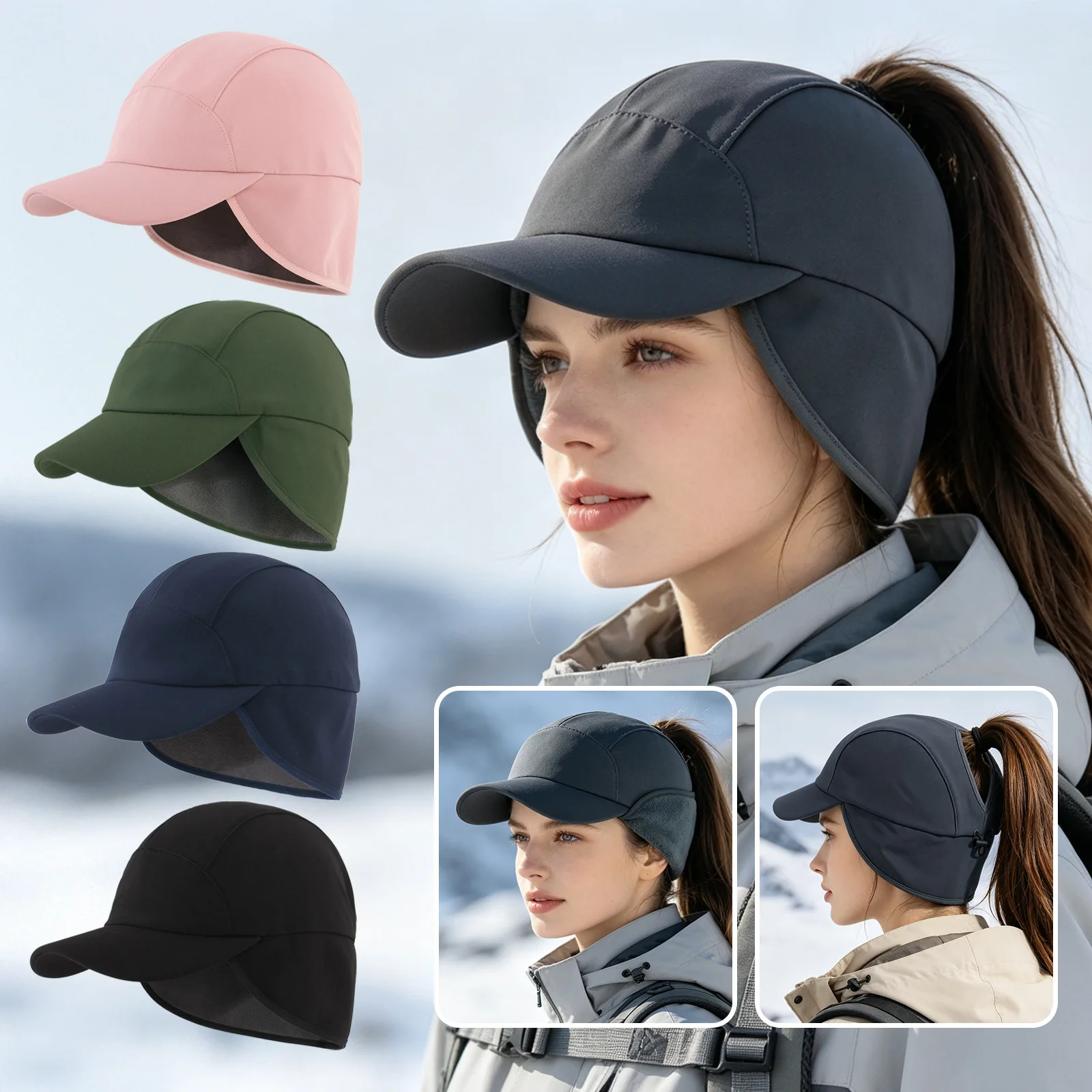 Fleece Lined Baseball Cap with Ponytail Opening Ear Flap Winter Hat Outdoor Warm Duckbill Hat for Men and Women