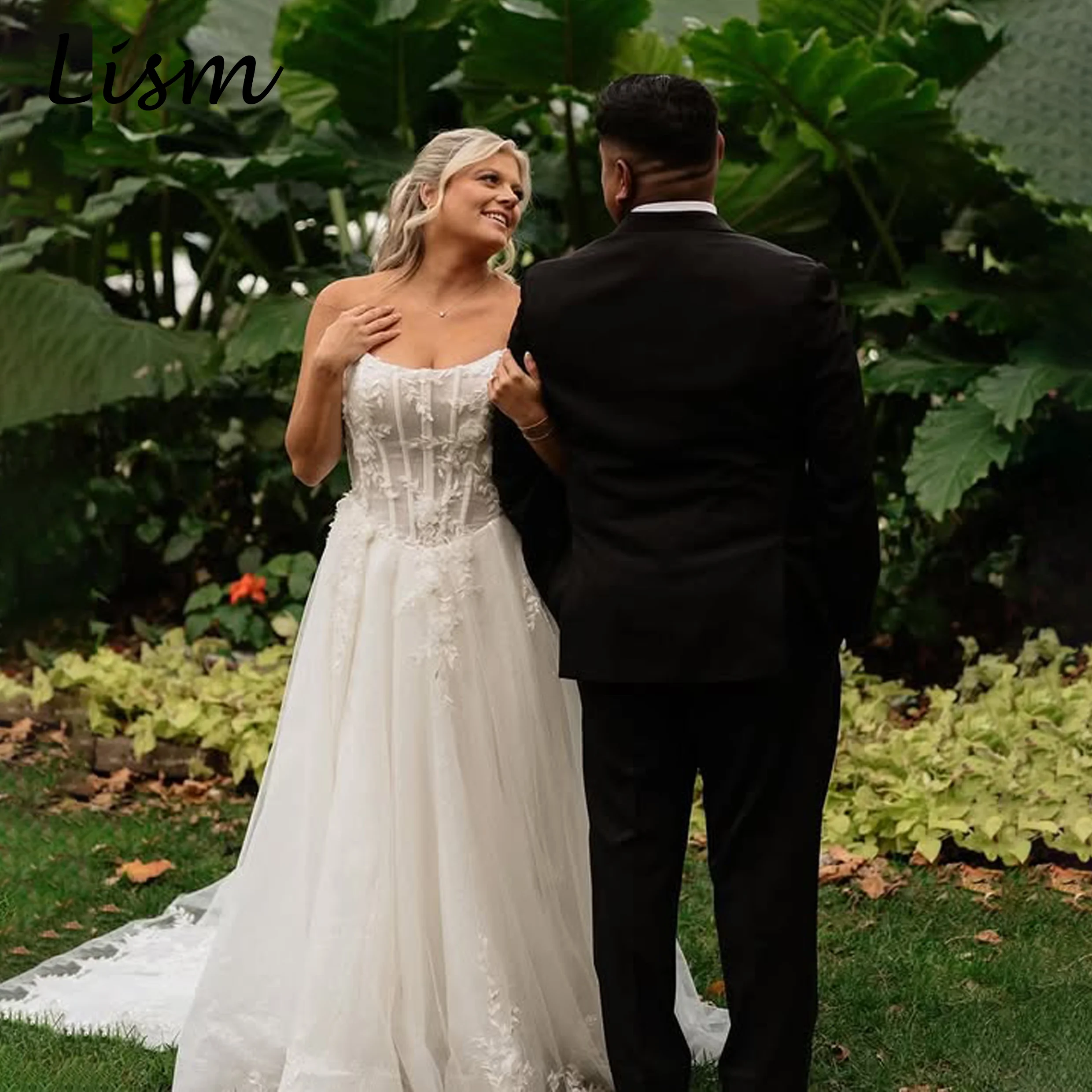

Lism Glamorous Side High Slit Wedding Dresses A-line Sweep Train Sleeveless Strapless Soft Network Robe De Mariée 2026 Customize