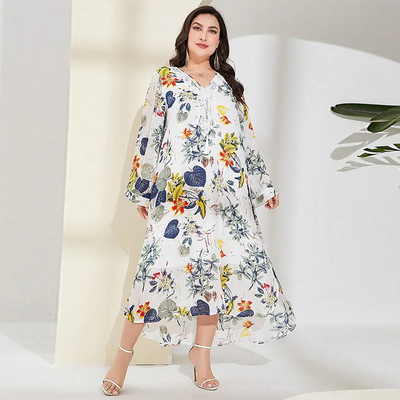 ZZ6157 Large Size Dress Autumn/Winter Long Sleeve Printed Fresh and Sweet Robe