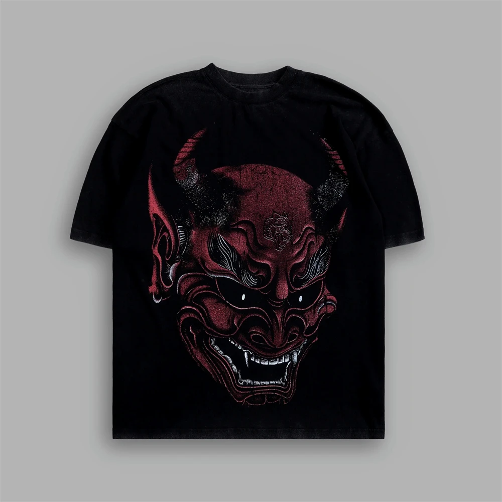 Demon Oni Mask Printed Men T-Shirts GYM Hip Hop Streetwear Summer 100% Cotton Oversized Cool Tees O-Neck Short Sleeve Tee Tops