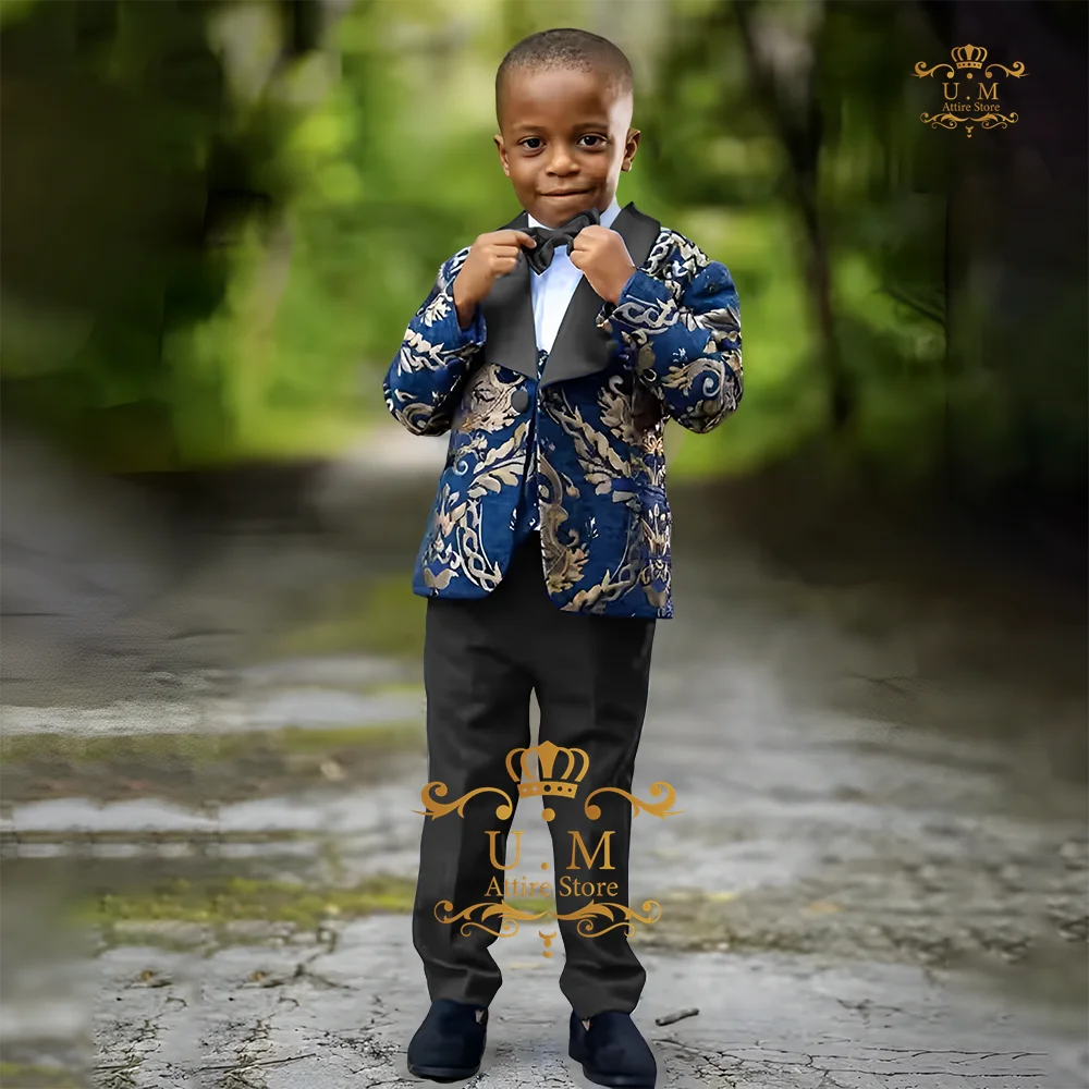 Kids Smoking 3-delige Jas Vest Broek Koningsblauwe Jacquard Sjaal Revers Blazer, Custom Jongens Pak Voor Bruiloft Dans Verjaardagsfeest