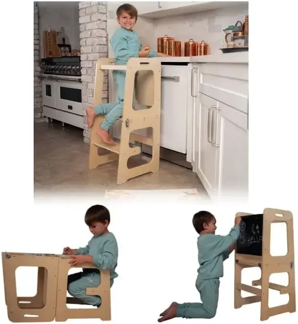4-in-1 Foldable Kitchen Tower - Toddler Step Stool with Chalkboard, Desk Table and Chair