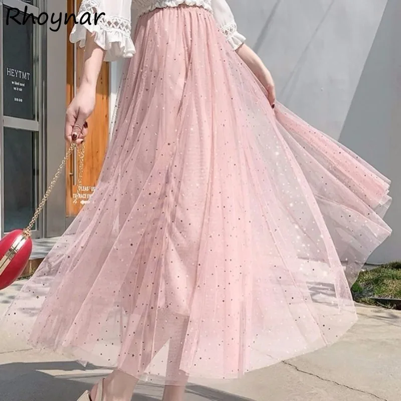 

Solid Mesh Skirts Women Summer Korean Style Slimming High Waist Sequined Fashion Casual All-match Daily Fairycore Temperament