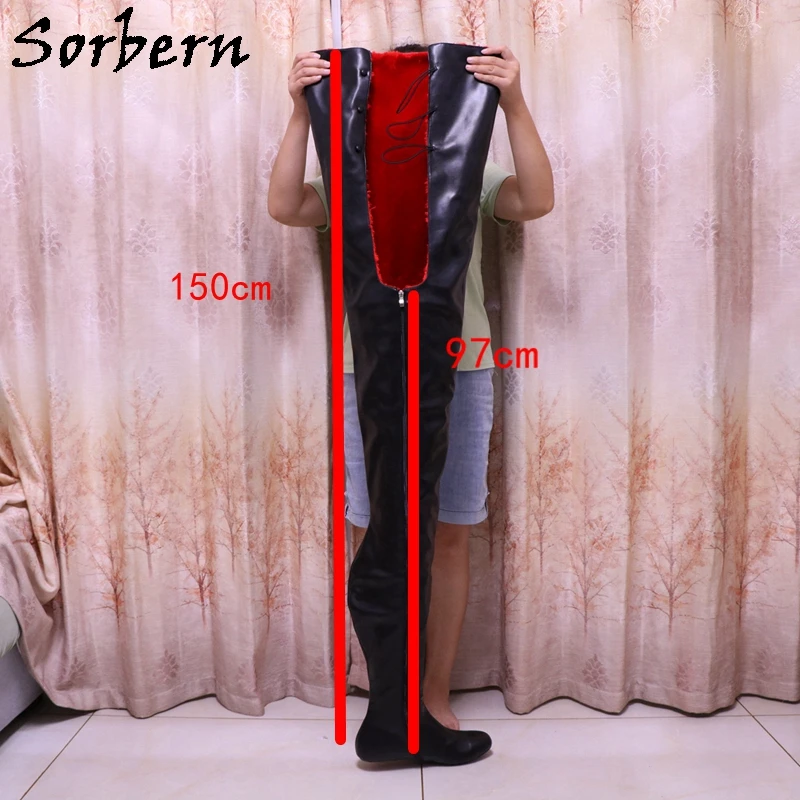 Sorbern 97Cm Crotch /150Cm Shaft Length Boots Women Thick Red Plush Flat Heel Round Toe Unisex Custom Leg Fit Boots