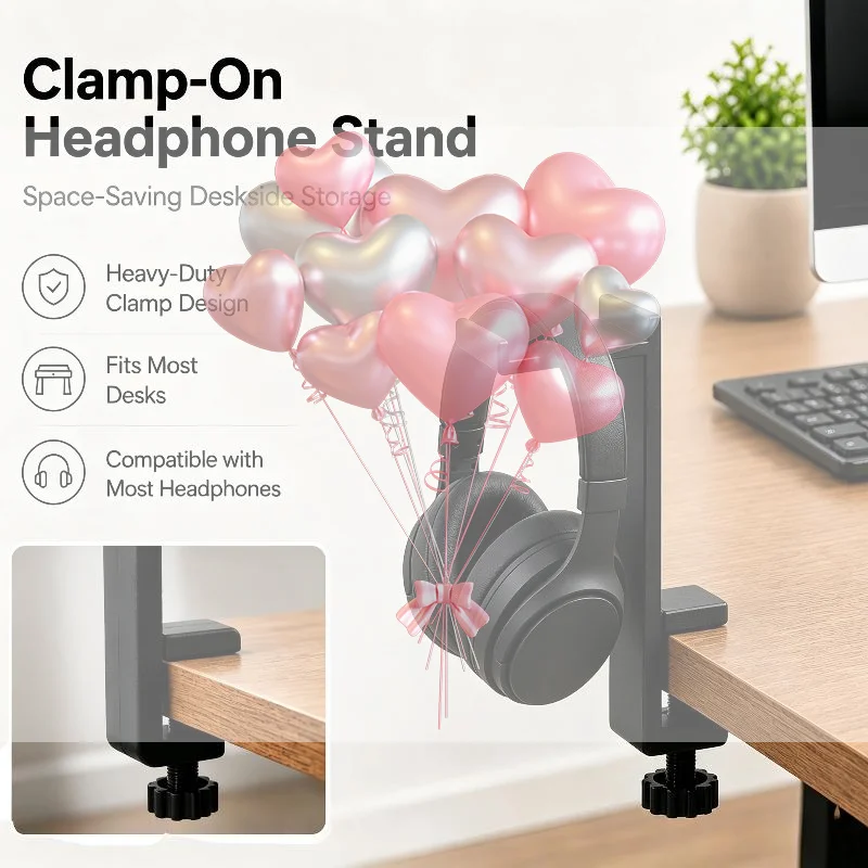 Easy Install Desk Clamp Headphone Stand Heavy Duty Universal Headset Organizer Rack for Home Office Study Room