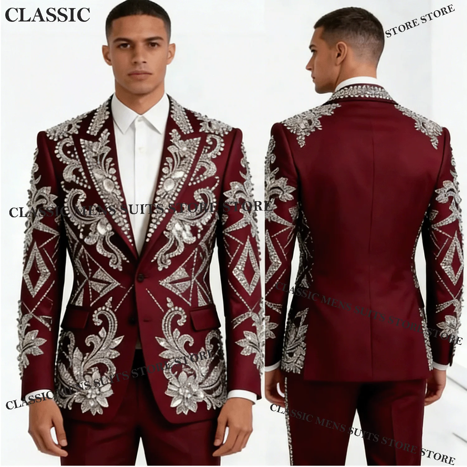 

Customized Fashion For Wedding Groom Embroidery Fashion Gem Male Prom Party Blazer 2 Pieces Sets Men Suit Tuxedos Slim Fit Homme