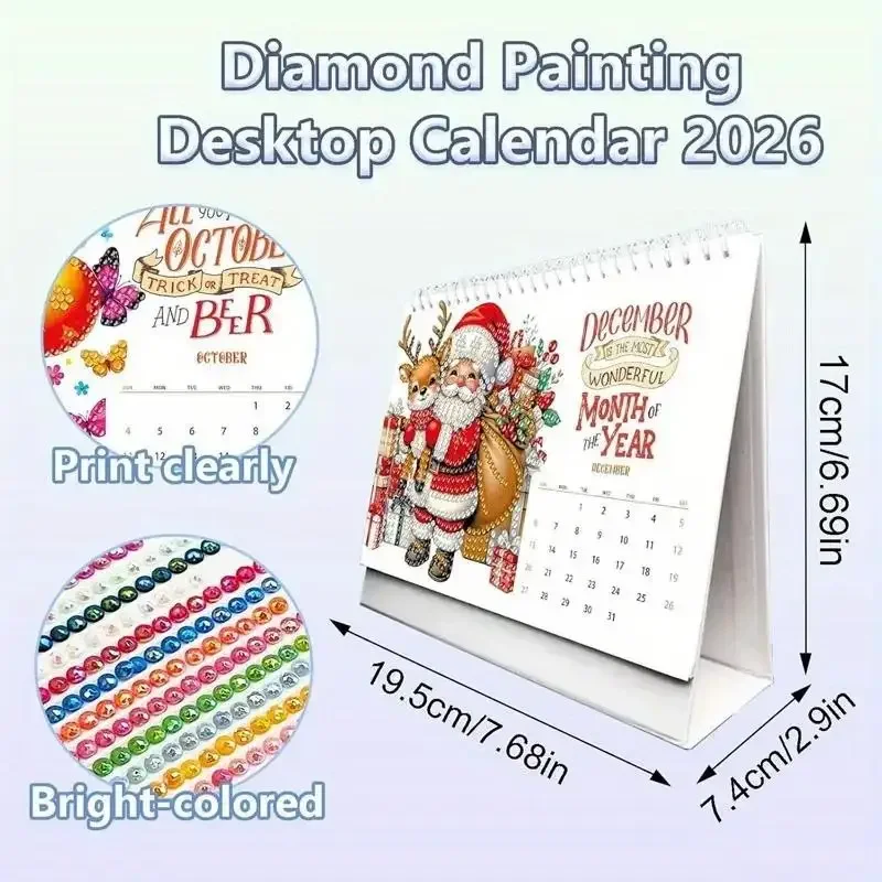 Calendario per pittura con diamanti 2026 Calendario mensile Diversi modelli su ogni pagina Kit per pittura con diamanti fai-da-te Ornamento da tavolo