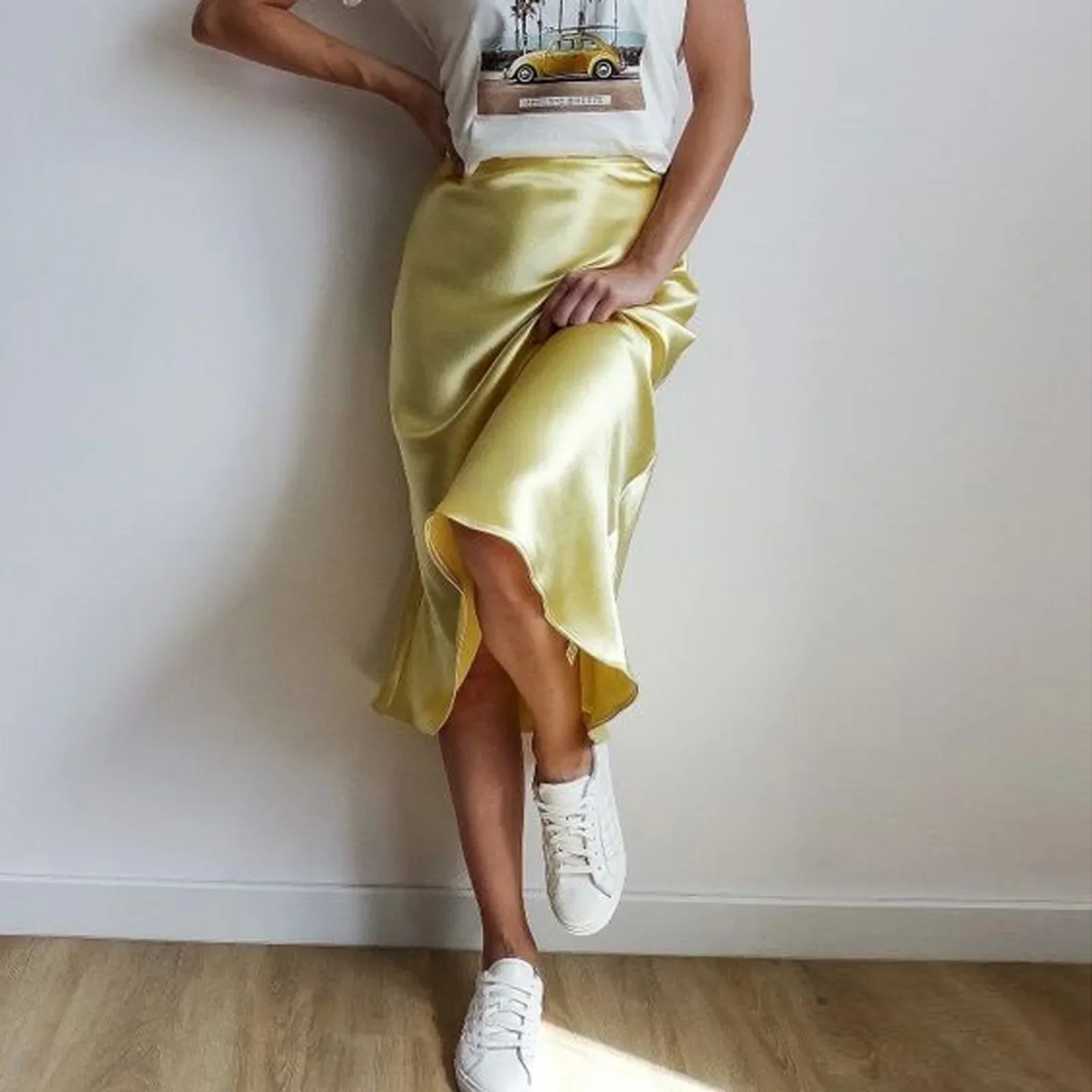 2024 Summer Chic Office Satin Midi Skirt Women Fashion Korean Casual High Waist Elegant Slim Long Skirt Chic Female Office Lady