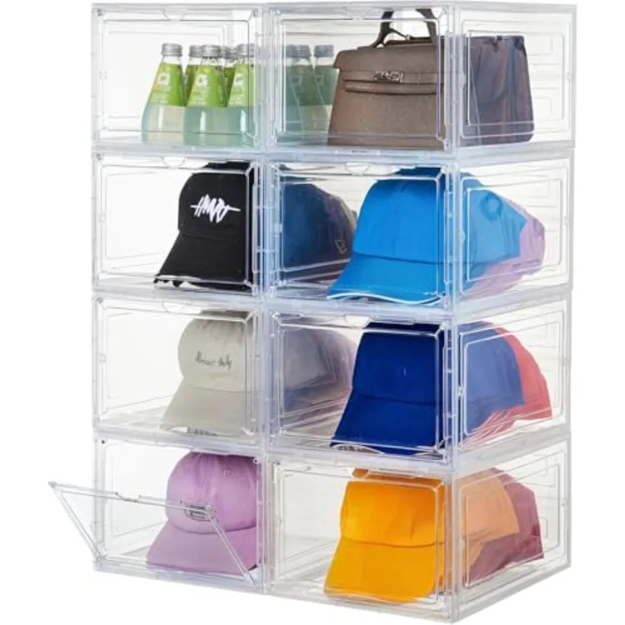 

Upgrade Harder Solid Plastic Hat Organizer for Baseball Caps 8 Pack Stackable Hat Storage Box with Clear Magnetic Door Hat Rack