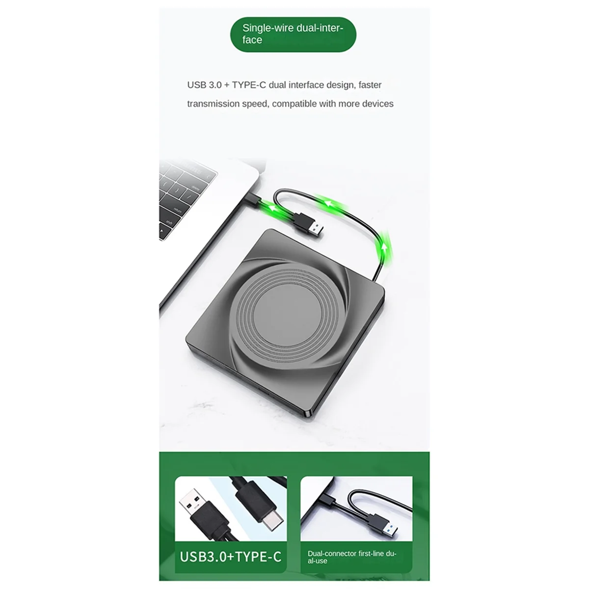 محرك أقراص CD/DVD خارجي A04RR محمول CD DVD +/-RW محرك مشغل محرك الأقراص الضوئية USB 3.0 وType-C لـ Win 11 10 8 7