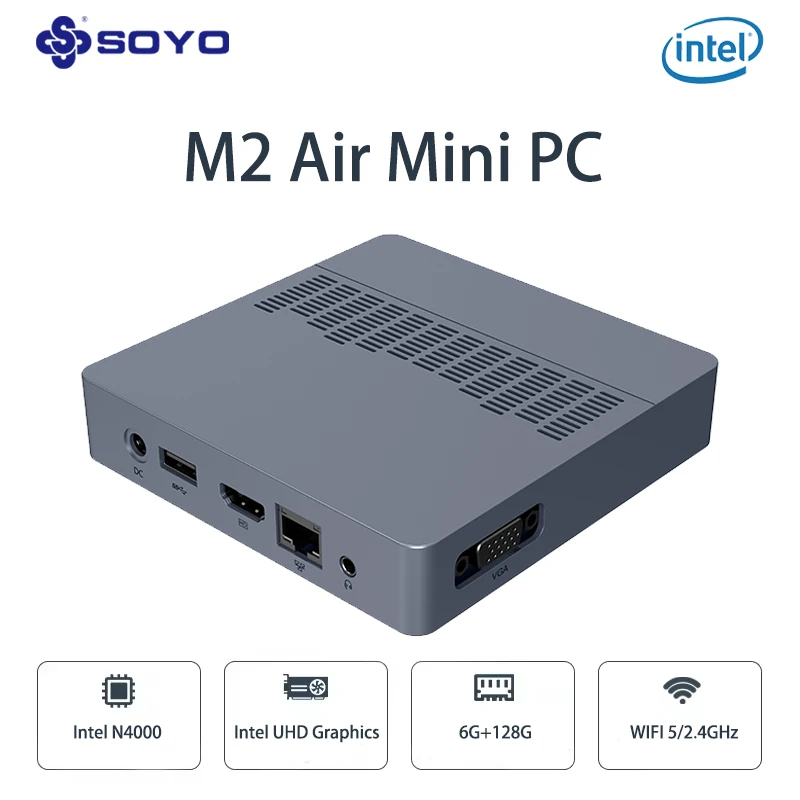 SOYO M2 Air Mini PC Intel Celeron N4000 CPU Window11 6GB RAM 128GB ROM Dual-Band WiFi HDMI+VGA Portable Mini Computer  BT4.2